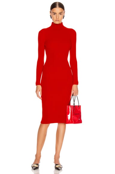 red turtleneck dress with sleeves