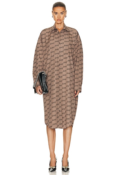 Balenciaga Long Sleeve Cocoon Dress in Beige & Brown