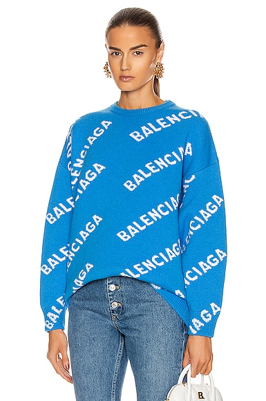 Balenciaga Long Sleeve Crew Neck Logo Sweater in Screen Blue & White | FWRD