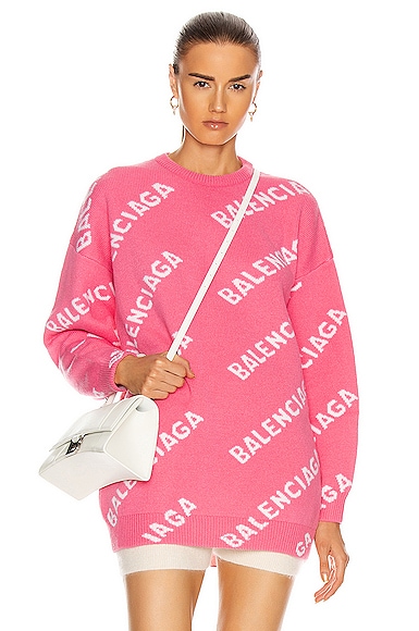 Balenciaga Long Sleeve Logo Sweater in Pink & White | FWRD