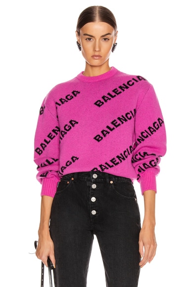 Balenciaga Long Sleeve Logo Crew Neck Sweater in Pink & Black | FWRD