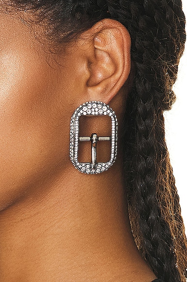 Shop Balenciaga M Cagole Buckle Earrings In Antique Silver & Crystal