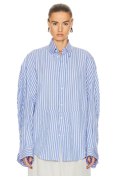 Balenciaga Twisted Sleeve Cotton Poplin Shirt In Light Blue & White