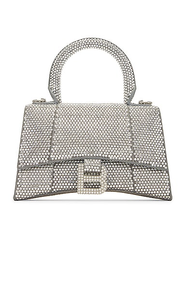 Balenciaga XS All Over Strass Hourglass Top Handle Bag in Grey & Crystal