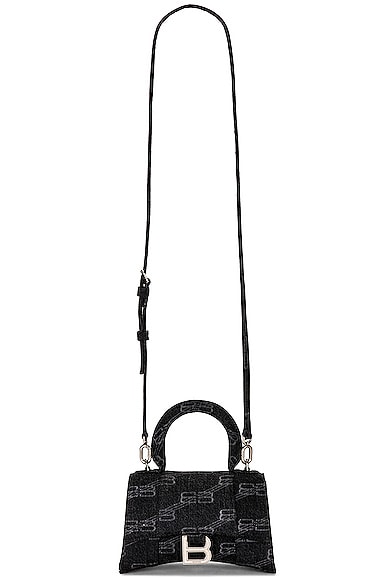 Balenciaga XS Denim Monogram Hourglass Top Handle Bag in Black