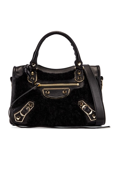 Balenciaga Mini Shearling & Leather City Bag in Black | FWRD