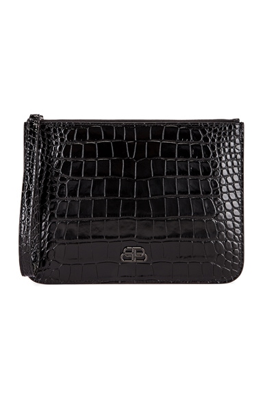 Balenciaga Bb Embossed Croc Handle Pouch In Black