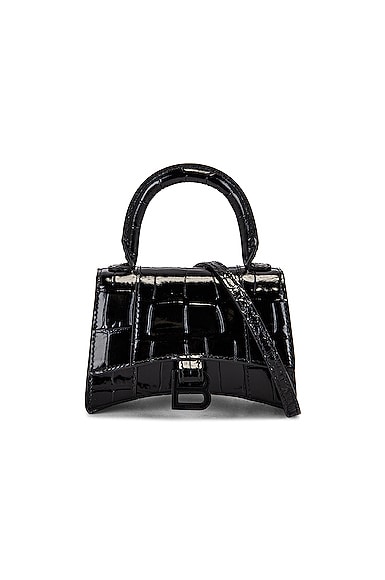 BALENCIAGA Hourglass Mini Micro Black Croc Embossed Leather