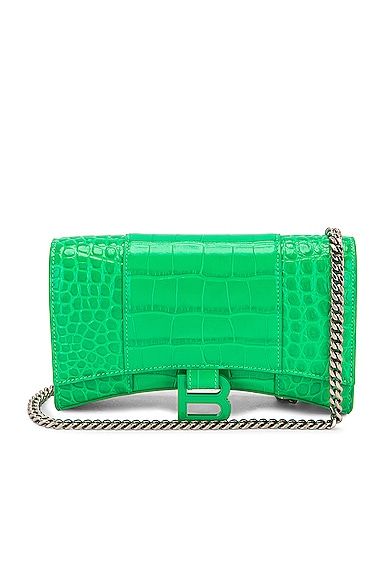 Balenciaga Light Green Croc Embossed Leather Soft Hourglass Wallet on Chain Bag