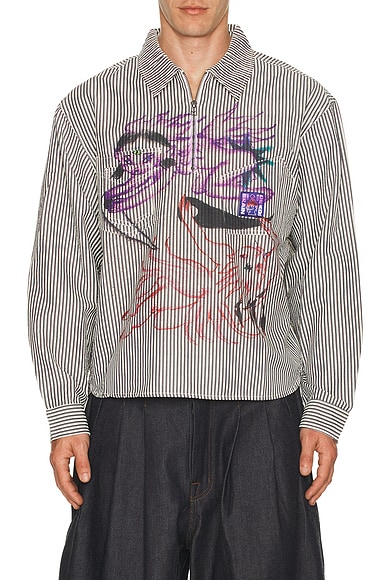 Brain Dead Angel Striped Half Zip Work Shirt in Natural