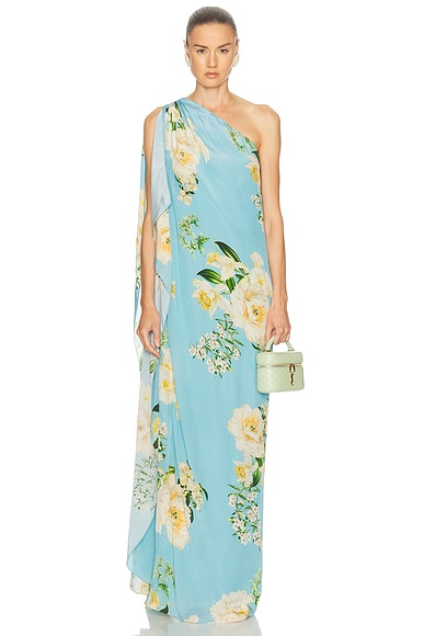 HEMANT AND NANDITA Ajia One Shoulder Kaftan Dress in Blue