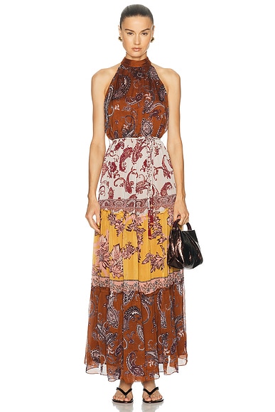 HEMANT AND NANDITA Halter Neck Tiered Maxi Dress in Brown