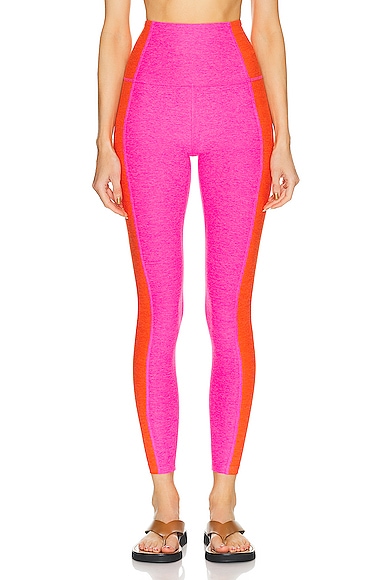 Beyond Yoga Spacedye Vitality Colorblock High Waisted Midi Legging in Pink Punch & Firecracker Red Block