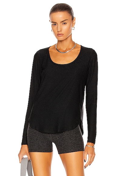 Beyond Yoga Scooped Long Sleeve Pullover Top in Black