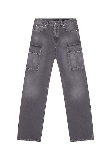 BALMAIN Loose Cargo Denim Jeans in Gris Denim