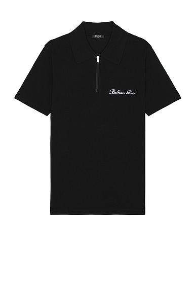 BALMAIN Signature Embroidered Zipped Polo in Black