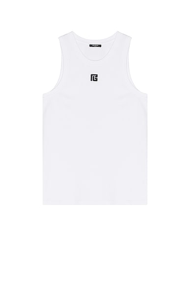 BALMAIN Small PB Logo Tank Top in White & Black