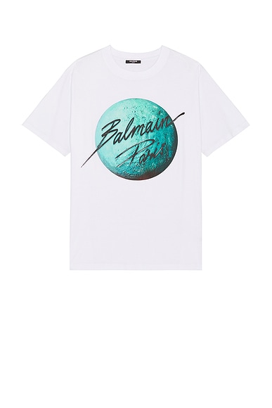 BALMAIN Paris & Planet T-Shirt in White, Turquoise, Blue, & Black