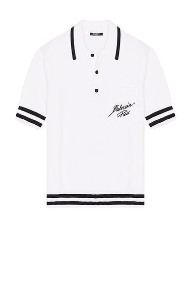 BALMAIN Paris Logo Cotton Knit Polo in White & Black
