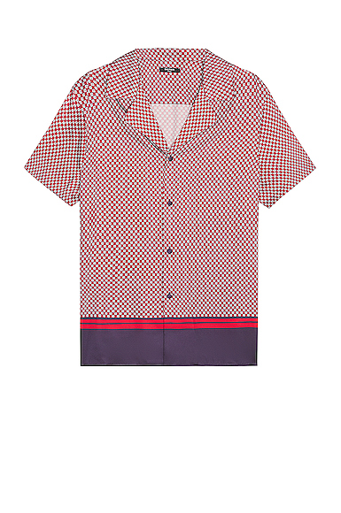 BALMAIN Short Sleeve All Over Mini Monogram Shirt in Blanc, Marine, & Rouge