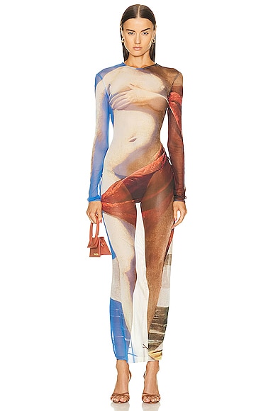 Long Sleeve Trompe L'oeil Printed Tulle Dress