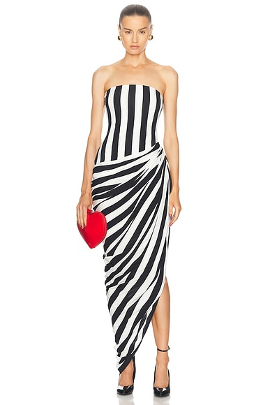 BALMAIN Bustier Stripe Draped Jersey Long Slit Dress in Noir & Lanc