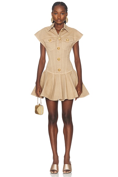 BALMAIN Cotton Canvas Flare Short Dress in Beige | FWRD