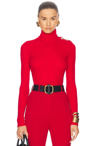 BALMAIN Buttoned High Neck Mohair Top in Rouge