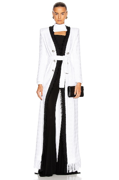 BALMAIN Long Frayed Tweed Belted Cardigan in White Black FWRD
