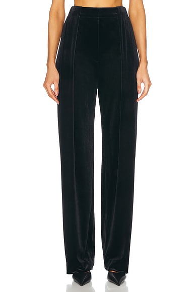 BALMAIN High Waisted Pleated Loose Velvet Pant in Noir