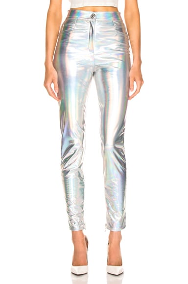 BALMAIN High Waisted Skinny Pants in Holographic Silver | FWRD