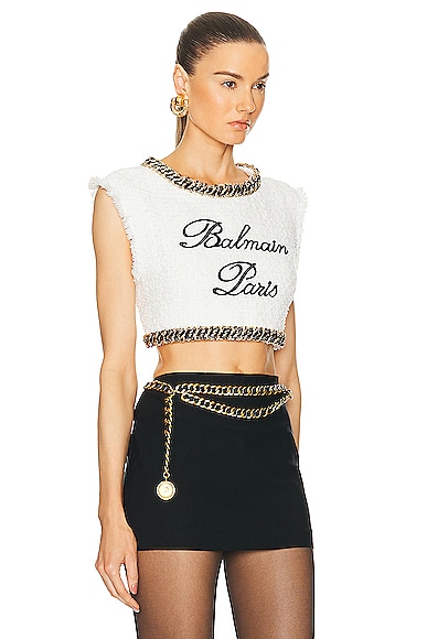 Shop Balmain Signature Embroidered Tweed Crop Top In Blanc & Noir