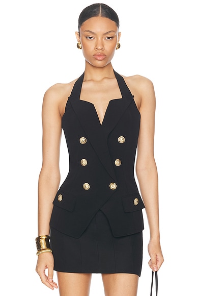 BALMAIN Buttoned Tailored Crepe Top in Noir