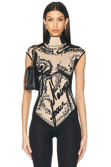 BALMAIN Body Letter Trompe L'oeil Knit Bodysuit in Nude & Noir