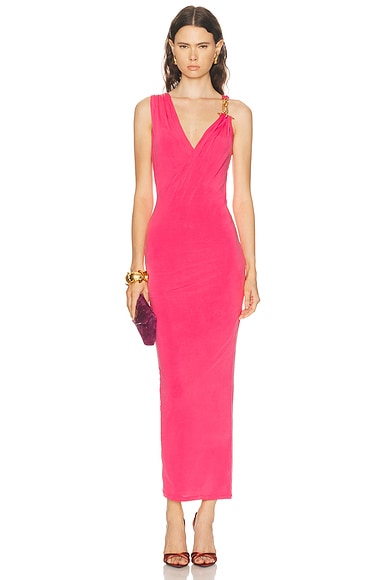 Gold Detail Jersey Draped Long Dress