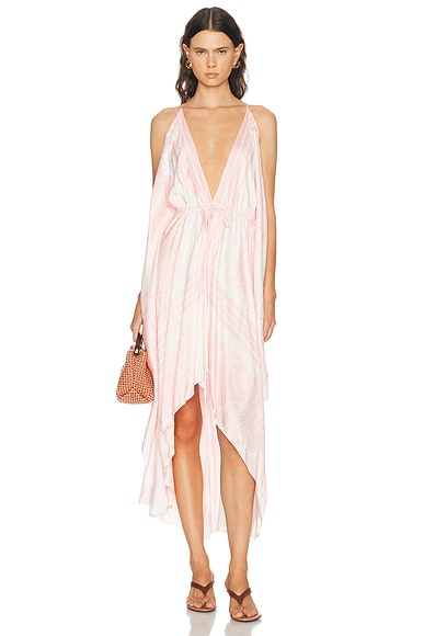 Open Shoulder Foulard Print Dress in Rose & Blanc