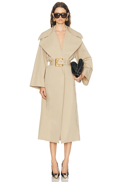 BALMAIN Belted Gabardine Long Trench in Sand