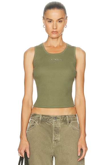 BALMAIN Small Balmain Paris Embroidered Jersey Tank Top in Vert