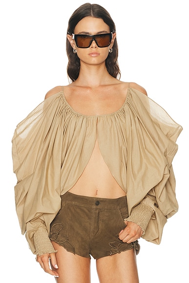 Draped Cotton Blouse in Beige Foncé