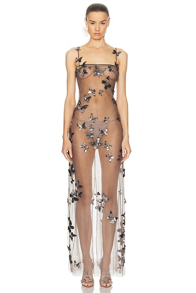 Embroidered Sheer Maxi Dress in Metallic Silver