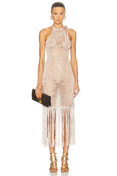 Blumarine Long Fringe Dress in Chalk & Bear Brown