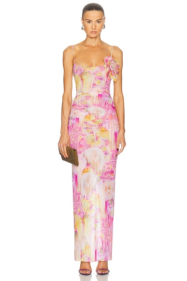 Printed Long Dress in Pink & Vivid Rose