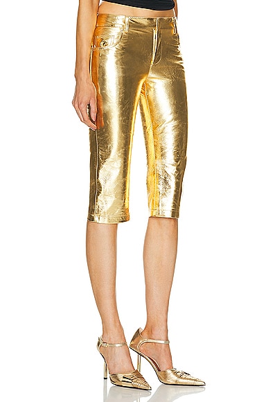 Shop Blumarine Leather Pedal Pusher Pant In Gold
