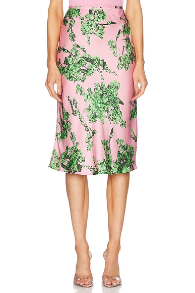 Blumarine Satin Midi Skirt in Wild Rose & Kiwi