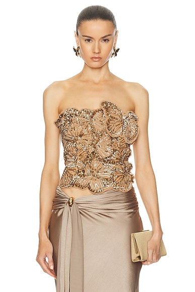 Embroidered Strapless Bustier Top in Metallic Gold
