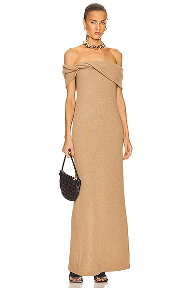 Brandon Maxwell Off the Shoulder Rib Knit Gown in Tan
