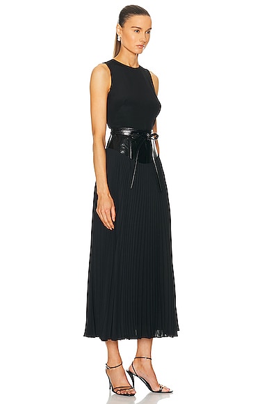 Shop Brandon Maxwell Crew Neck Leather Belt Pleated Dress In Black