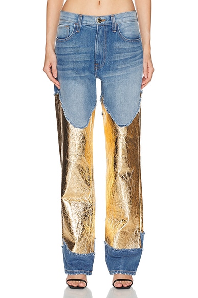 Shop Brandon Maxwell The Cortlandt Denim Pant W/ Metallic Leather Combo In Indigo & Gold