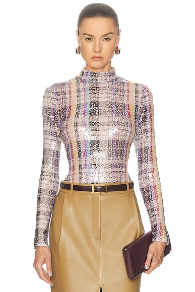 Brandon Maxwell Maven Paillette Mock Neck Shirt in Multicolor Plaid