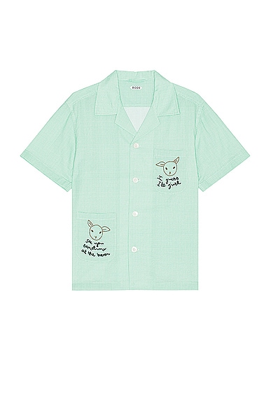 BODE See You At The Barn Short Sleeve Shirt in White Green